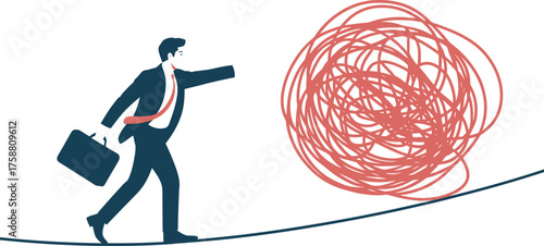Businessman walking a tightrope towards a tangled red ball