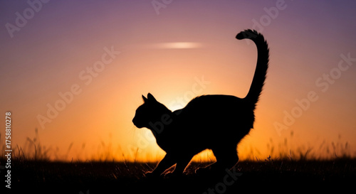 Silhouette of a cat stretching against a vibrant sunset sky with grass in the foreground creating a serene scene created with generative ai