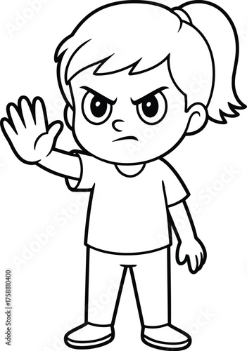 Cartoon girl with angry expression holding up hand in stop gesture
