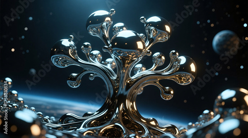 Abstract futuristic chrome metallic structure resembling a tree floating in outer space near Earth