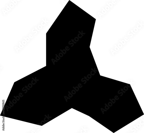 A black filled irregular polygon with hard, sharp edges forming a squared element.