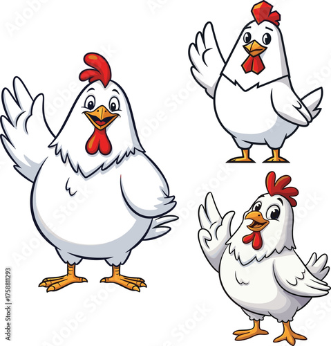 Set of Happy Cartoon White Chicken Mascot Vector Illustrations - Waving and Welcoming Rooster Character
