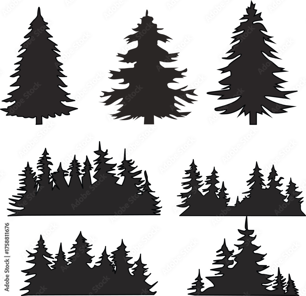 Obraz premium set of christmas trees ,set of trees ,set of vector trees ,tree, christmas, winter, forest, snow, pine, vector, fir, holiday, nature, illustration, green, xmas, celebration, landscape, evergreen, tree