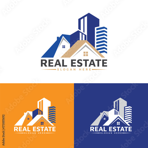 Real estate company logo design featuring a house roof icon, vector illustration, and business symbol set for property sale and construction