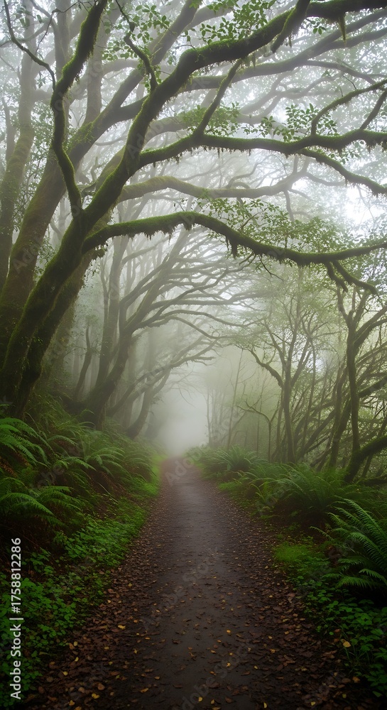 Fototapeta premium A misty, verdant forest path winds through a canopy of moss-draped trees, evoking a sense of serene mystery.
