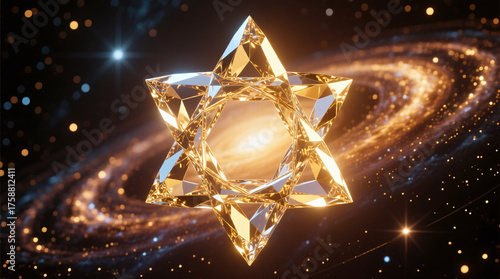 Stunning Golden Diamond Star of David in Deep Space Cosmic Background Rendered 3D Illustration