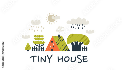 Street with tiny doodle house wireframe and small home in scandinavian neighborhood.