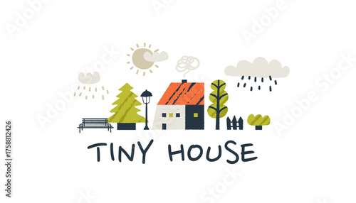 Small doodle house with cute smoke in tiny scandinavian village neighborhood.
