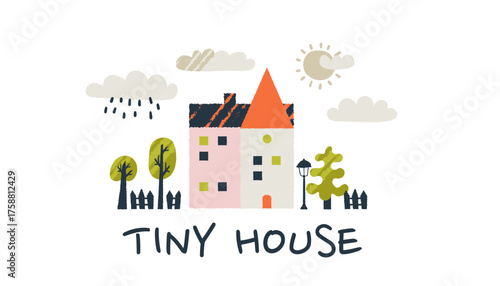 Tiny cute house with doodle smoke on old scandinavian village street.