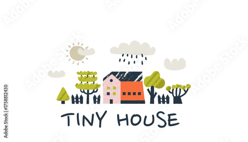 Scandinavian village with tiny cute house and doodle clouds above small home.
