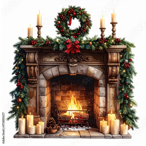 Warm Fireplace Mantel Decorated With Holiday Garland Candles and Wreath