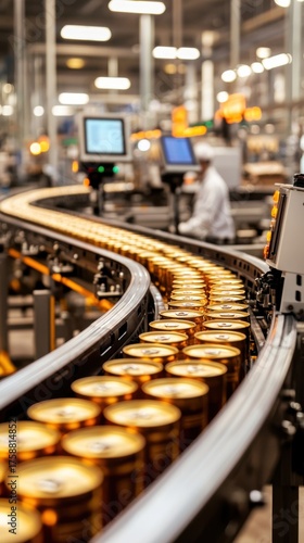 Metal cans on conveyor belt in automated food processing and packaging factory
