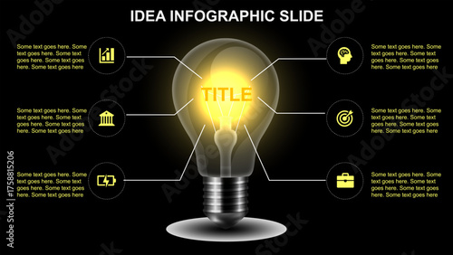 Creative Idea Infographic Slide Template with Light Bulb Diagram and Circular Icon Highlights, Modern Business Presentation Layout for Innovation, Strategy, and Data Visualization
