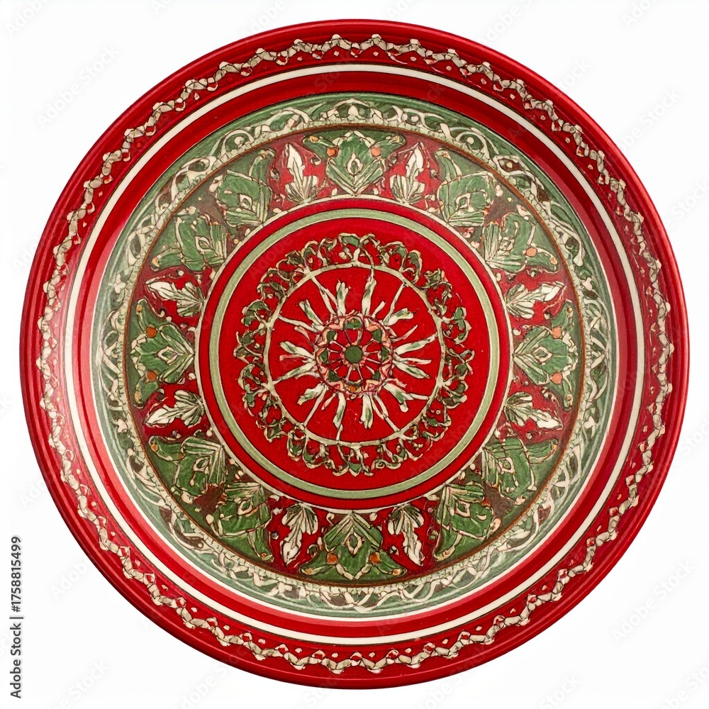 Obraz premium Ornamental Circular Red Plate with Intricate Green and White Floral Patterns