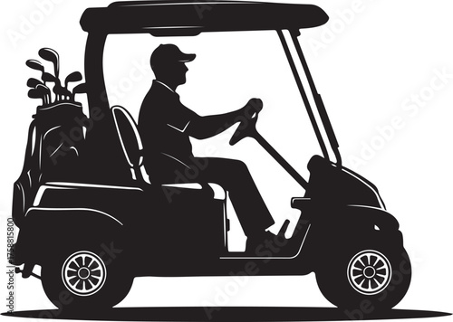 Golfer driving golf cart silhouette packed with clubs ready for next hole on pristine course vector
