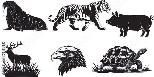 Diverse animal silhouettes collection featuring tiger deer pig eagle seal tortoise nature wildness vector