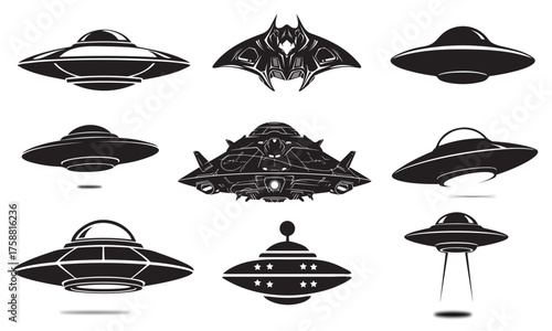 Alien spaceship and UFO silhouette icon set. Extraterrestrial flying saucer symbols for sci-fi game UI and paranormal media. Vector invasion glyphs.