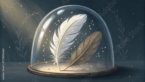 Two Feathers Inside a Glass Dome with Soft Glow Highlighting