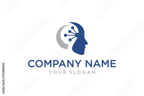 Modern AI Technology Logo with Human Head Profile and Network Connection.