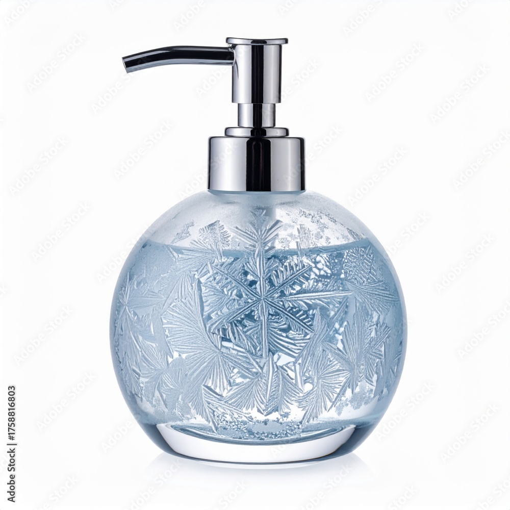 Obraz premium Elegant Clear Glass Soap Dispenser with Silver Pump on White Background