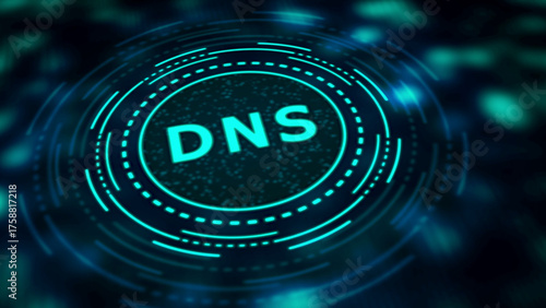 Glowing DNS Abbreviation Within Digital Futuristic Circle on Dark Bokeh Background domain name system
