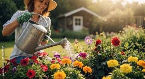 Woman Watering Colorful Garden Flowers on Sunny Day