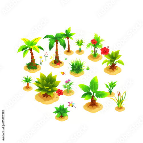 Assortment of tropical plants palm trees flowers and small birds on sandy islands