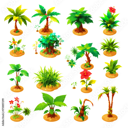 Collection Of Tropical Plants And Palm Trees Isolated Transparent Background Illustration