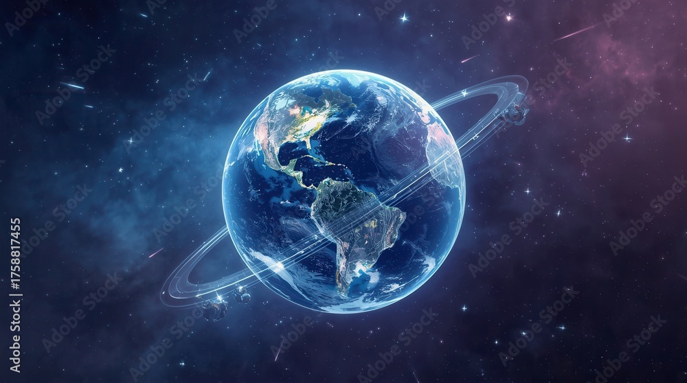 Fototapeta premium Stunning Earth with glowing rings and satellites orbits in a vibrant, star filled nebula, evoking wonder and cosmic exploration.