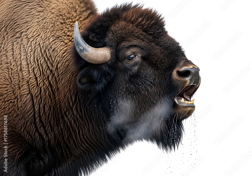 Fototapeta premium Bison exhaling steam isolated on white background