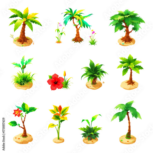 Collection of tropical plants including palm trees hibiscus flower and lush foliage on sandy islands