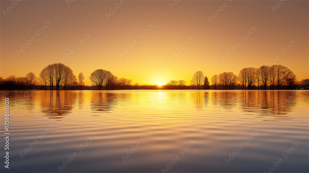 Fototapeta premium Golden sunset reflecting in calm lake with trees on horizon, concept of peace, beauty and evening nature scene.