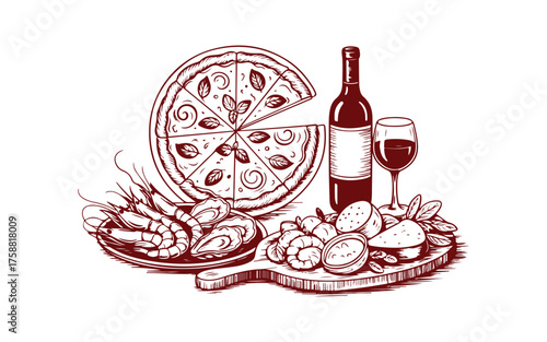 Hand drawn italian pizza wine and antipasto platter sketch on white background 