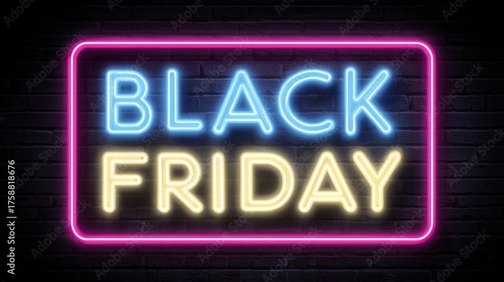 Obraz premium Black Friday neon sign on brick wall