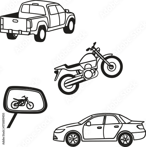Collection of hand drawn vehicle illustrations including a pickup truck motorcycle and sedan with a motorcycle sign