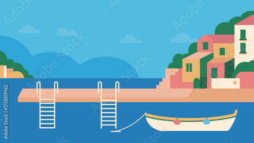 Illustration of a coastal town with a dock, boat, and ladders leading into the water on a sunny day