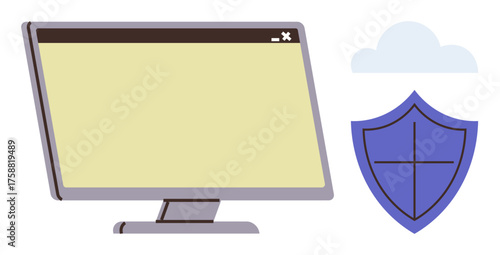 Desktop monitor alongside shield and cloud symbolizing cybersecurity, online privacy, and cloud safety. Ideal for technology, antivirus, cybersecurity, data protection, internet safety, secure