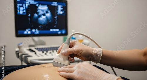 Medical Professional Performing Ultrasound Scan on Pregnant Woman's Abdomen