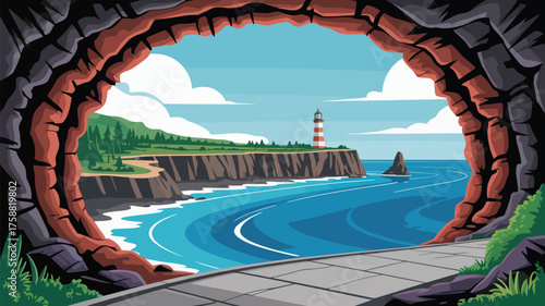 View of lighthouse and ocean from cave opening with cliffside and trees on a bright sunny day