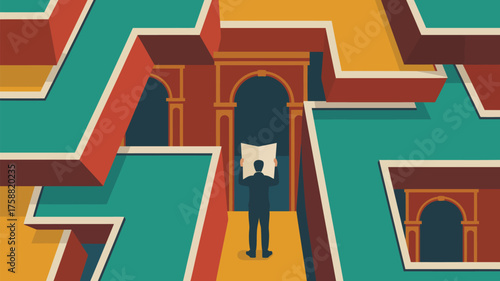 A man holding a map standing in a maze with arches and colorful walls in a stylized illustration