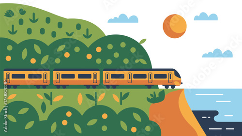 A train travels along a track near the ocean with trees and a bright sun in the sky above it all