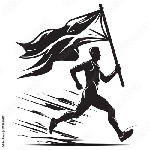 Silhouette of a determined runner sprinting forward holding a large flowing flag symbolizing victory and achievement