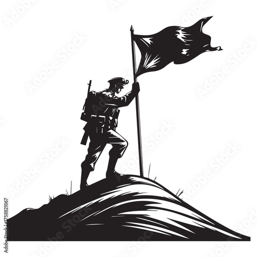 Silhouette of a determined soldier planting a tattered flag atop a windswept hill symbolizing victory and resilience