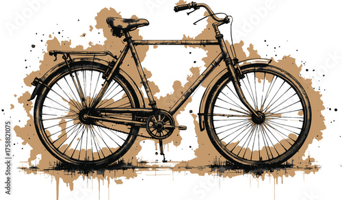 A detailed vintage bicycle sketch in watercolor splashes, blending brown and black tones. Perfect for mobility, outdoor adventures, eco-friendly transport, and nostalgic urban