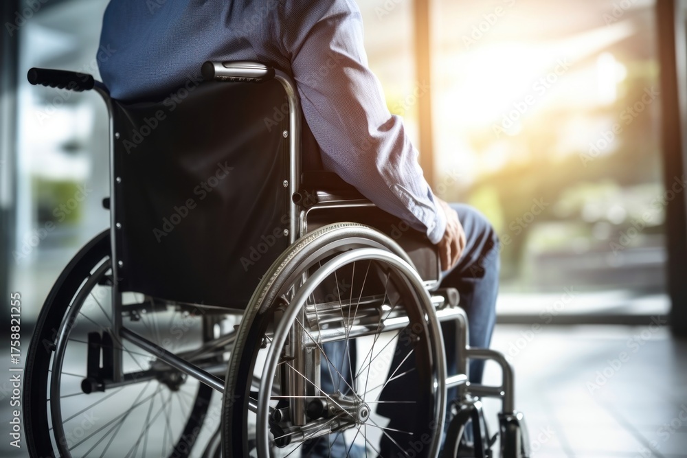Obraz premium Paraplegic patient sitting in wheelchair receiving care bicycle adult transportation.