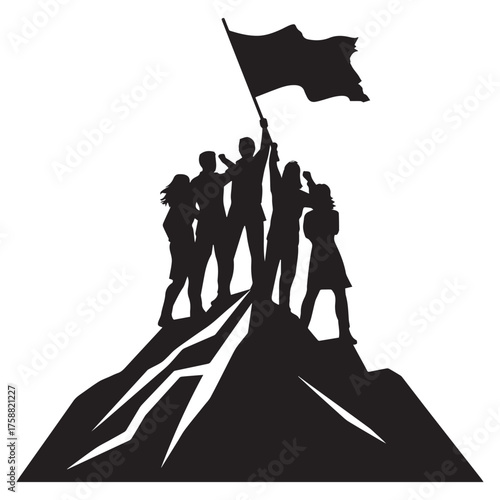 Silhouette of a diverse group of people celebrating victory on a mountain peak holding a waving flag