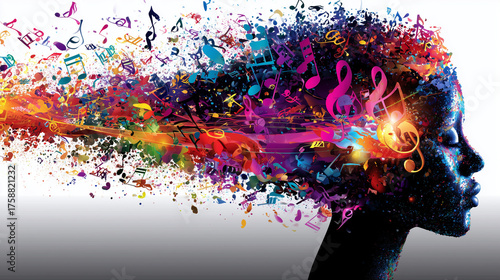 Une représentation artistique colorée de l'attention sélective d'une femme où le cerveau traite des notes musicales