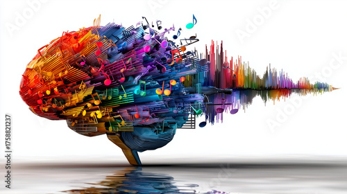 Une représentation artistique colorée de l'attention sélective où le cerveau traite des notes musicales