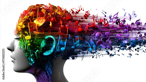 Une représentation artistique colorée de l'attention sélective d'une femme où le cerveau traite des notes musicales