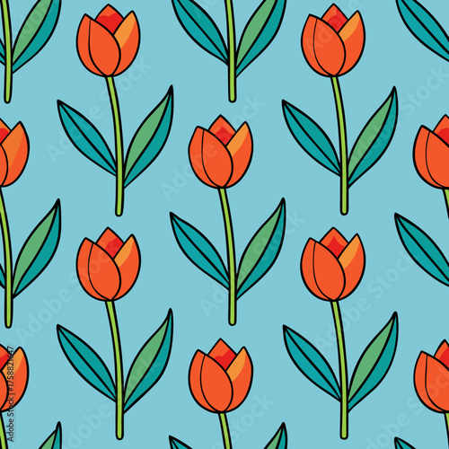 Seamless pattern of stylized orange tulips with green leaves on a light blue background